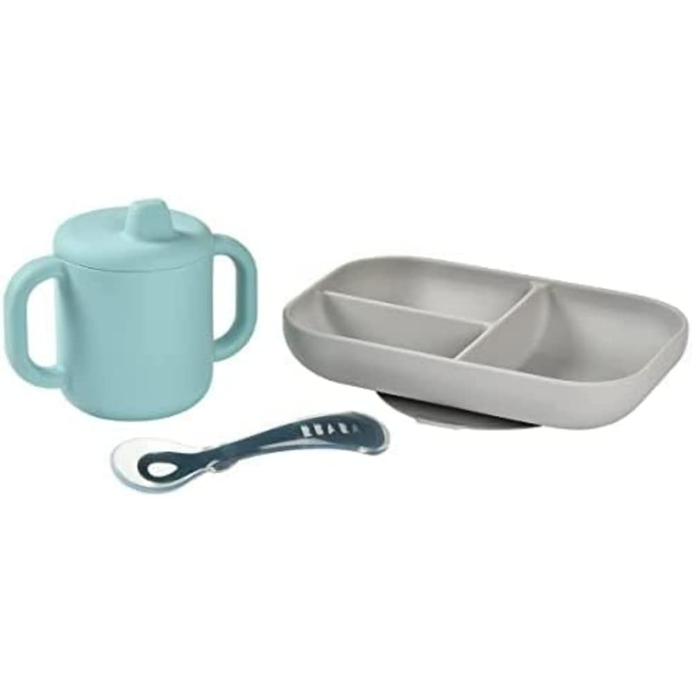 Béaba Silicone Baby Meal Set, 3 Pieces, Divided Plate with Suction Pad + Cup + Spoon, Healthy and Durable Silicone, Dishwasher Friendly, Microwave, Blue