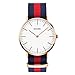 Men's Stainless Steel Classic Quartz Analog Business Wrist Watch with Thin Dial, Replaceable Red/Blue Striped Nylon Band