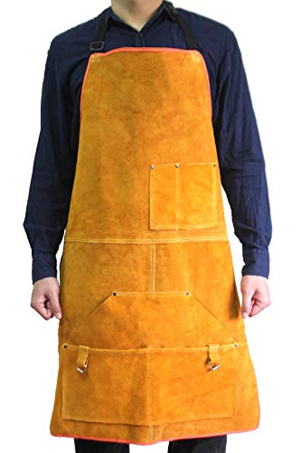 Leather Welding Apron Flame-Resistant Heat Resistant Work Apron Fire Resistant Welding/Welder Smock, 24 x 36 Inch, 6 Pockets