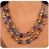 Aimimier Boho 2-Strand Beaded Choker Necklace with Earrings Vintage Blue Crystal Pendant Statement Necklace for Women
