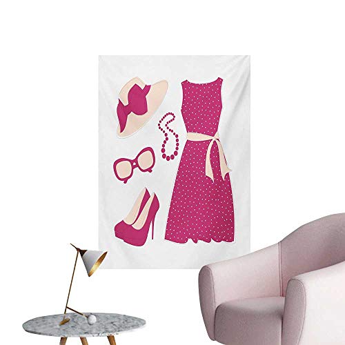zhaoxuefa Fashion Art Stickers Pastel Colored Dress Hat with a Ribbon High Heels and Necklace Woman ClothingPale Peach Pink W24 xL32 Funny Poster