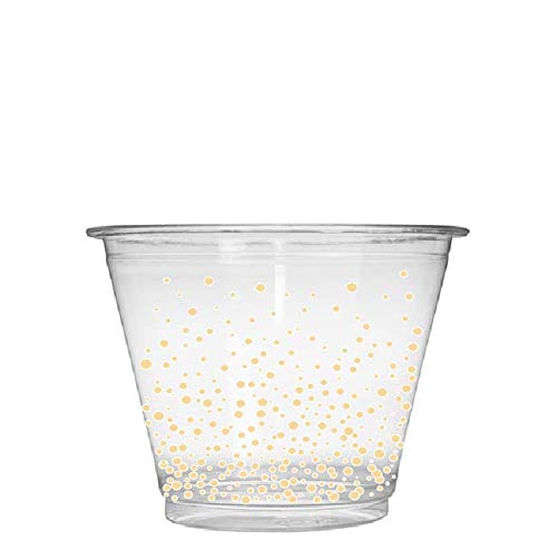 Clear Plastic Cups - 50 Pack 9oz Disposable PET Plastic Cups with Light Gold Dots Print for Cocktail Parties - Gold Party Supplies