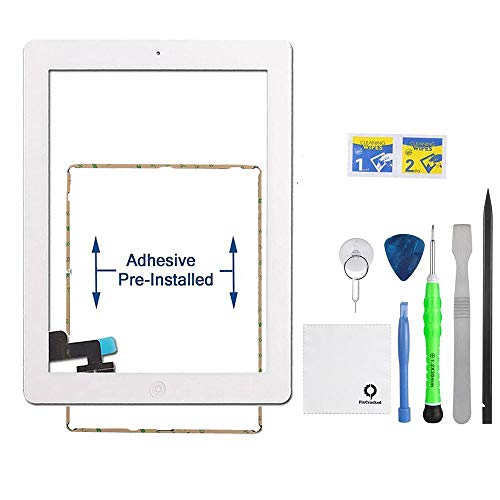 iPad 2 Screen Replacement,FixCracked iPad 2 Digitizer Touch Screen Front Glass Assembly White-Includes Home Button + Camera Holder + PreInstalled Adhesive with tools kit