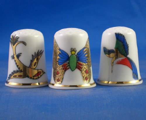 Porcelain China Collectable Thimbles - Set of Three Gold Brooch Designs