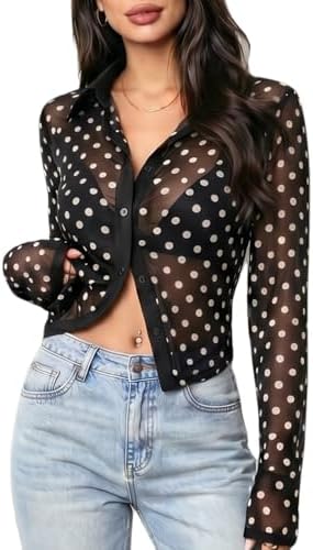 Owl's-Yard Women's Sexy See Through Lace Tops Tie Front Long
