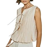 Linen Bow Tie Front Tank Top Women Coquette Pleated Peplum Blouse Y2K Babydoll Ruffle Shirt Sleeveless Tunic Outfits