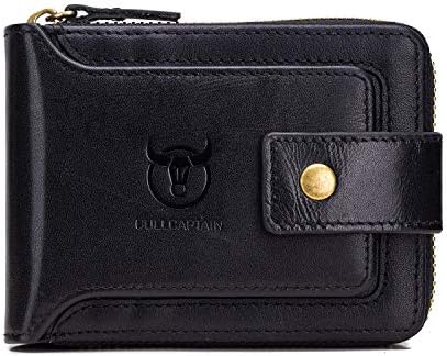 Men Genuine Leather Wallet, Small RFID Blocking Wallets Bifold Zip Purse Multi Credit Card Holder (Black)