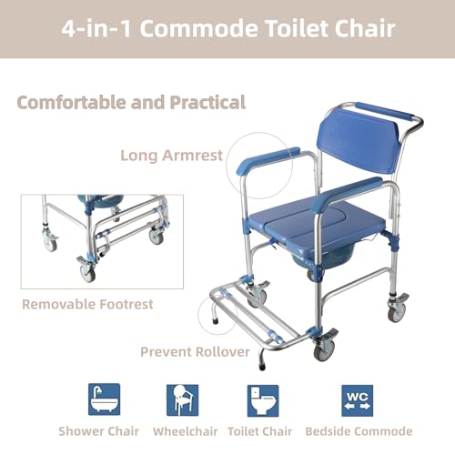 ybaymy 4-in-1 Wheeled Shower Chair, Bathroom Shower Chair with Wheels for Elderly, Waterproof Wheeled Commode Toilet Chair with Removable Bucket, Bedside Commode Chair on Wheels for the Disabled