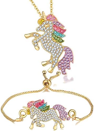 Rainbow Unicorn Necklace Bracelet Jewelry Set with Rhinestones Crystal Silver or Gold Plated for Girls Women