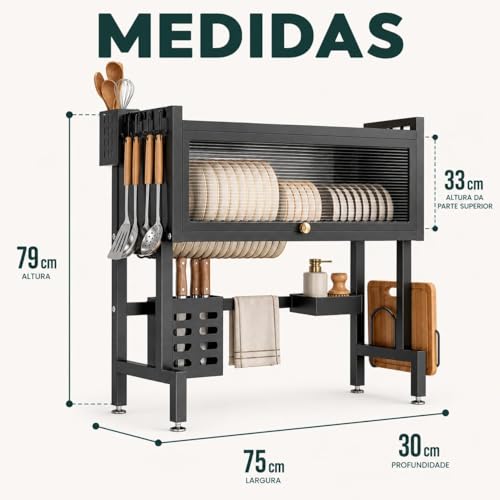 Laruno Escorredor de Louça Suspenso 75cm Preto Organizador de Pia Cozinha com Porta Pratos, Copos, Talheres, Utensílios e Escova de Limpeza