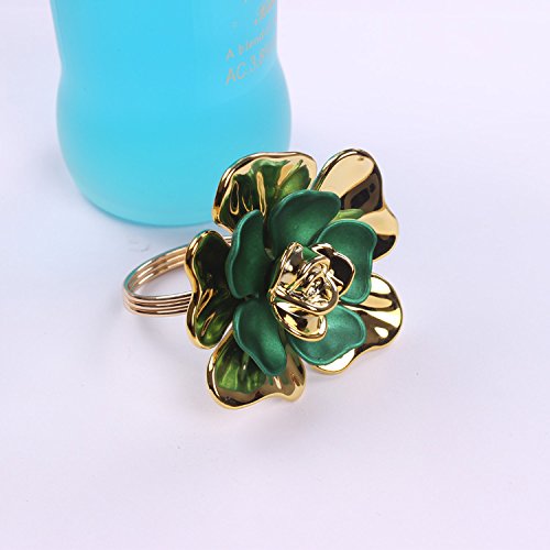 QTKJ Set of 6 Alloy Napkin Rings with Green Flower Napkin Buckle for Christmas, Holidays, Wedding, Parties, Dinners Decor(Gold)