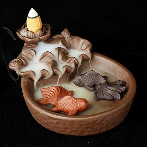 KUGIN Two Fish Handmade Fine Ceramic Waterfall Counter Current Incense Burner Holder Home Decoration Aromatherapy Gift Decoration Free 10 Incense