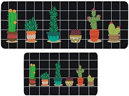 Kitchen Mats Non slip Kitchen Rugs Doormat,2PCS 7MM thickness carpet,Area Floor Mats Bedroom Anti-fatigue Carpet Cushioned Door Mats Sets,Cartoon cactus,40x60cm+40x120cm