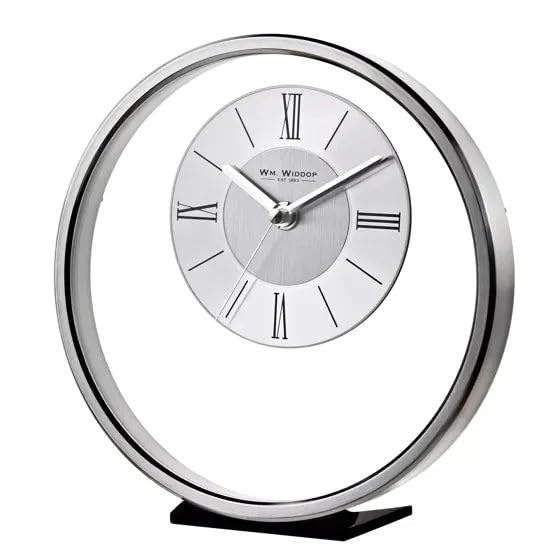 Wm.Widdop Round Silver Mantel Clock - W2937S - H 204mm, W 61mm, D 197mm - Quartz Movement
