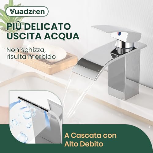 Vuadzren Bathroom Faucet with Drain Set, Waterfall Mixer Tap for Washbasin, Single Lever Bathroom Tap with Connection Hose G3/8 for Guest Toilet (Drain Height 80 mm, Chrome)