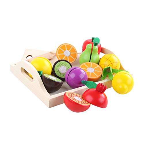 GEMEM Cutting Fruit Set Wooden Food Toys, Pretend Play Kitchen Set