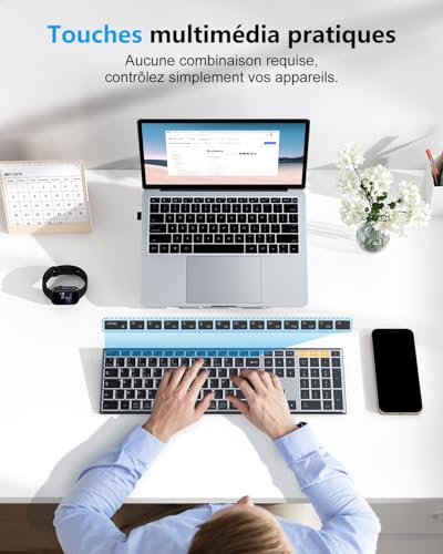 OMOTON Wireless Metal Keyboard, Bluetooth 2.4G Backlit Keyboard, Rechargeable with 2 Channels French AZERTY Scissor Keyboard Ergonomic Quiet for PC/Mac/Windows (Black)