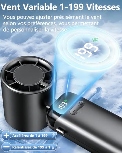 Kouric Portable Turbo Fan, 199 Adjustable Speeds | USB Rechargeable 3500 mAh Max 10 Hours | Pocket Fan with LED Display, Ultra Quiet, Ideal for Children and Adults, Outdoor Travel