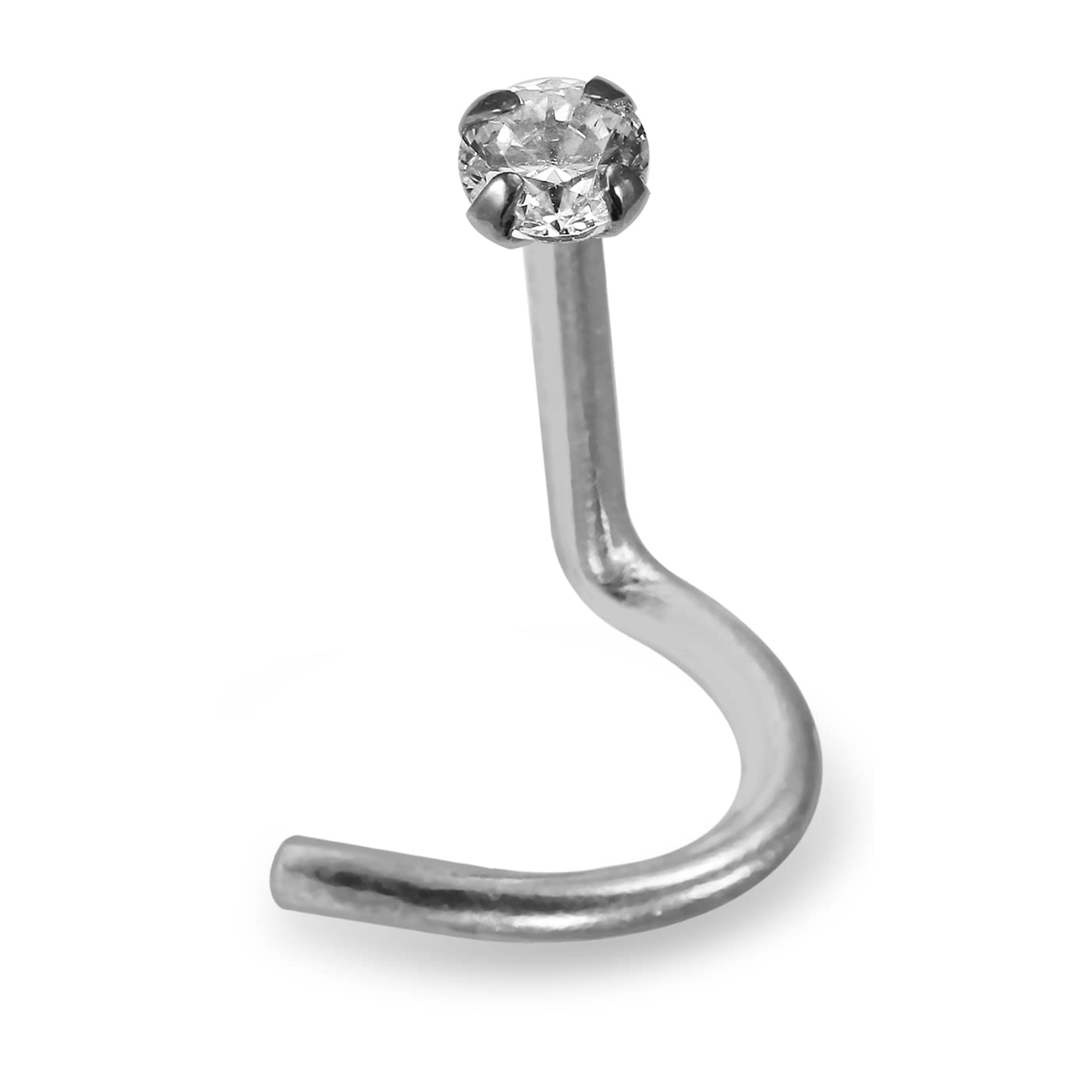 AZARIO LONDON 14K Solid White Gold Claw Set 2.5MM Round CZ Stone 18 Gauge Nostril Nose Screw Piercing Jewellery