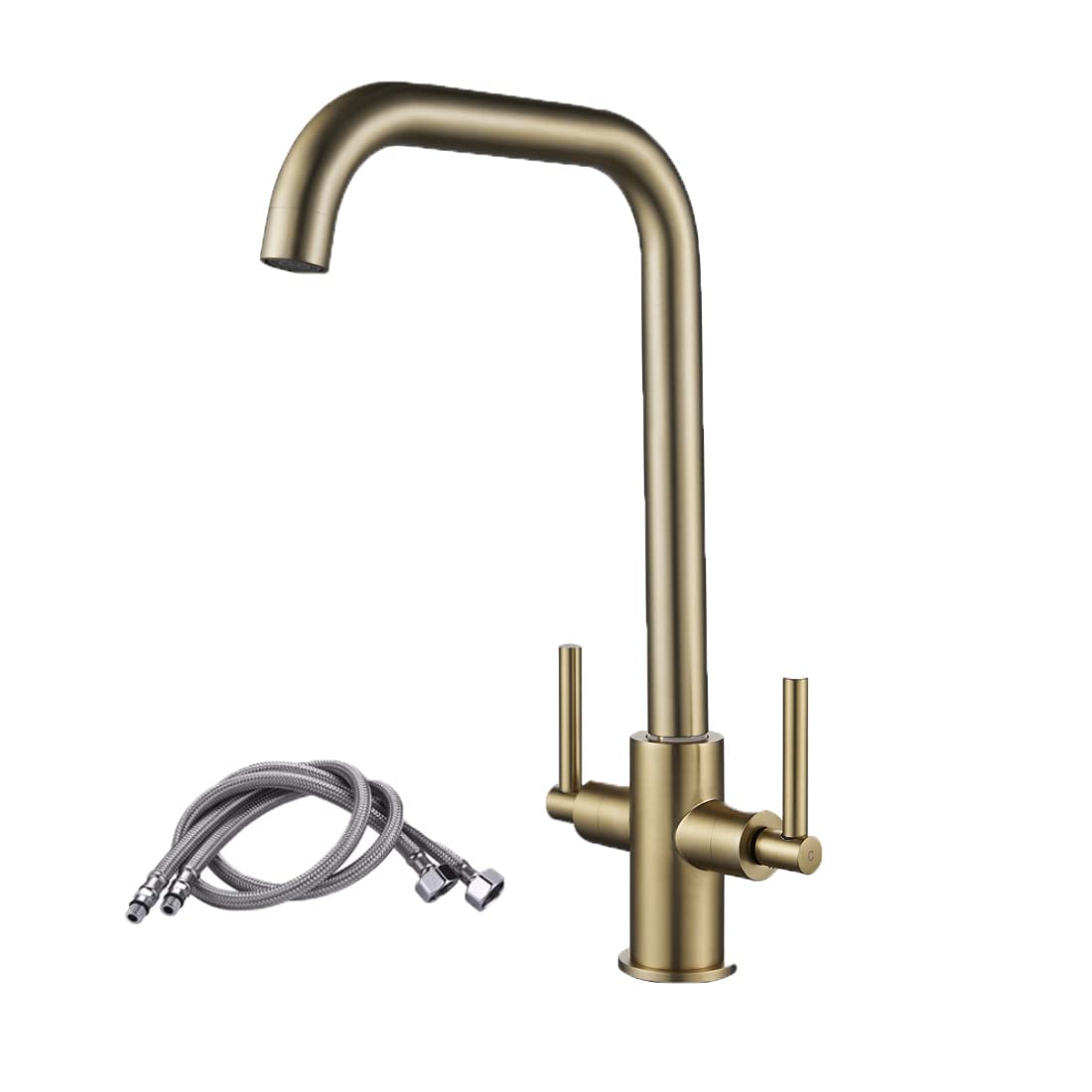 Luckyhome Kitchen Mixer Taps,Monobloc Dual Lever Chrome Brass Kitchen Sink Tap Faucet（Gold）
