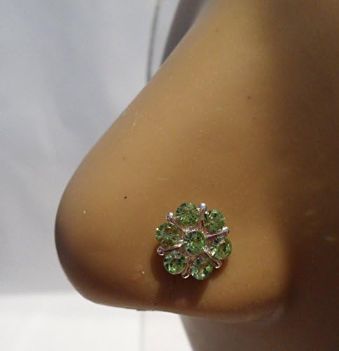 Green Sterling Silver Crystal CZ Snowflake L Shape Post Nose Ring Stud 20 gauge 20g