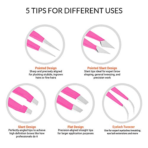 Andlane Tweezers Set - Professional Stainless Steel 5-Piece Precision Tweezer for Men & Women - Great for Facial Hair Removal, Eyebrow Shaping, Splinters & Ingrown (Pink)