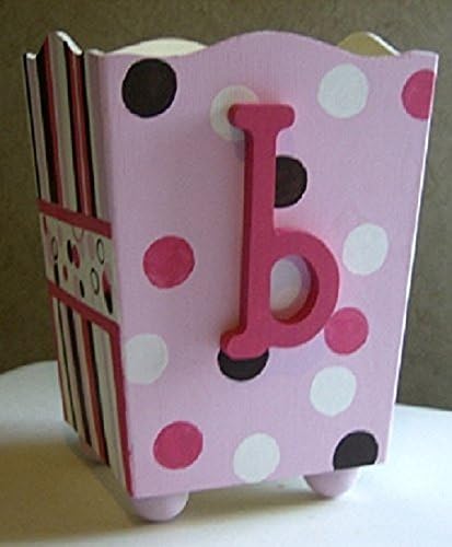 PINK AND BROWN STRIPES CUSTOM PERSONALIZED WOODEN WASTEBASKET