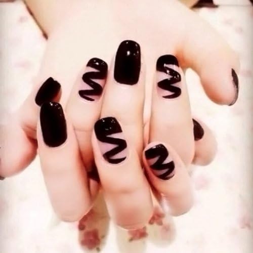 24PCS Wave Pattern Solid Color False Nails Black and Transparent Short Square Full Cover Acrylic Nail