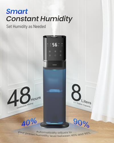 YOKEKON Humidifiers for bedroom,8L Humidifiers for Large Room,Ultrasonic Cool Mist Air Humidifier,Top Fill,5 Ambient Lights, Extended Tube, 360°Nozzle,Oil Diffuser, Humidity Control,12H Timer,Blue