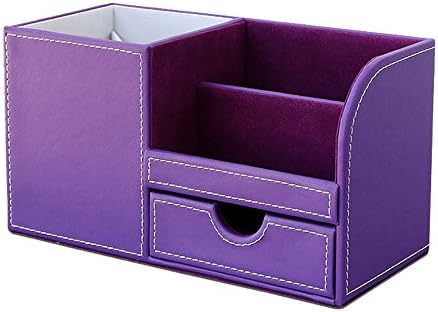 Wooden Struction Leather Multi-function Fashion Desk Stationery Organizer Storage Box Pen/Pencil ,Cell Phone, Business Name Cards Remote Control Holder (Purple)
