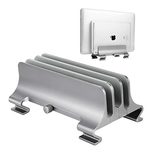 Premium Aluminum Vertical Laptop Stand, Elec3 Adjustable 3 Slots Desktop Holder Space Saving Stand for All MacBook/MacBook Pro/MacBook Air, Notebooks and Other Tablets(Gray)
