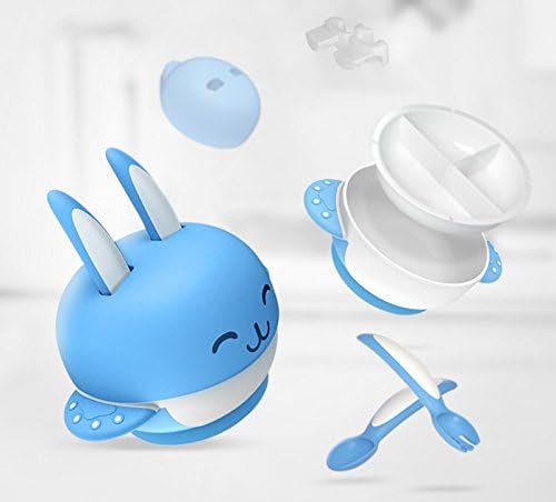 Ralia Baby Feeding Suction Bowl. It Includes 6 sets (1 pcs Bowl cover +1 pcs bowl body +1 pcs fork + 1 pcs spoon+1 pcs Dividing plate + 1 pcs Spoon fork, holder ). Antibacterial Cute Rabbit Suction Bowl, It Is FDA approve And BPA Free. (Blue)