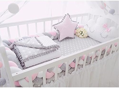 Baby Braided Crib Bumpers Long Knot Pillow Cushion,Nursery Bedding Cot Safety Fence Stroller Bumpers Room Decor (Grey-White-Pink, 300CM)