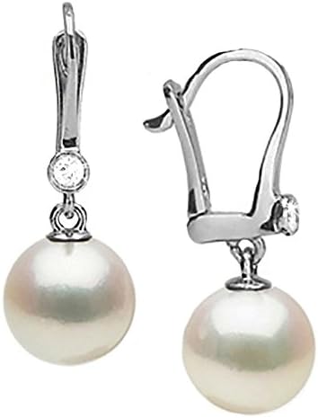 18K Cultured White Japanese Saltwater Akoya Pearl and Diamond Bezel Dangle Earrings, White Gold, 7.0-7.5mm