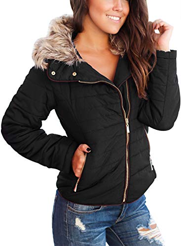 1 CILKOO+Womens+Casual+Fashion+Winter+Solid+Faux+Fur+Collar+Zip+Up+Quilted+Puffer+Jacket+Coat+Outerwear+with+Pockets+Black+US4+6+Small