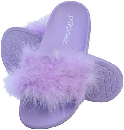 Pupeez Girls Open Toe Flip Flop Slide Slippers with Soft Faux Fur Top and Hard Sole