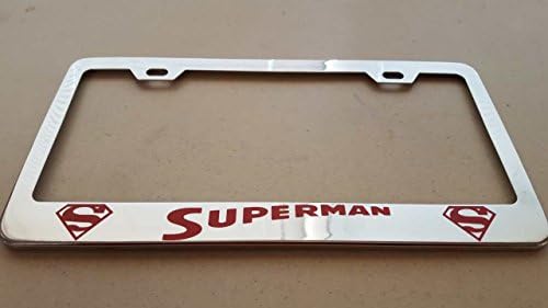 Superman Red Vinyl Cut Decal on Chrome Metal License Frame with matching color screw caps