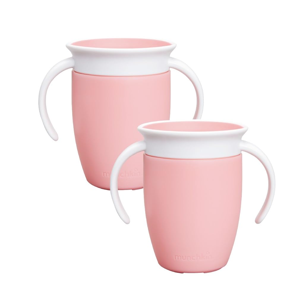 Munchkin Miracle 360 6+ Months Baby Sippy Cups | Free Flow Beaker for Toddlers |Trainer Cup | BPA-Free | Spill-Free | Baby Water Bottle with Easy-Grip Handles| 207ml | 2 Pack| Pink