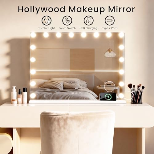 MIQU Espejo Maquillaje con Luz 90x60cm,Espejo Tocador Hollywood con 20 Bombillas LED,3 Modos de Luz,Intensidad Ajustable,con Puerto USB/Type-C,Aumento 10X,Control Táctil,para Mesa o Pared