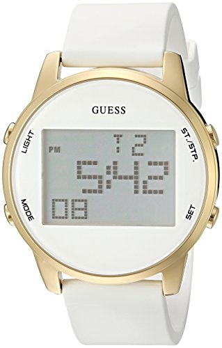 GUESS Men's U0815L1 Trendy Gold-Tone Stainless Steel Watch with Digital Dial and White Strap Buckle