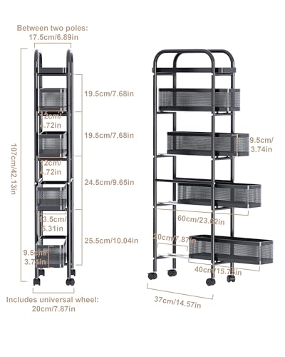 UMDONX Premium Metal Kitchen Trolley Pull out Drawers Narrow 5 Tier, Vegetable Fruit Storage Rack Utility Organiser Cart, Slim Shelving Unit with Universal Lockable Wheels - Black