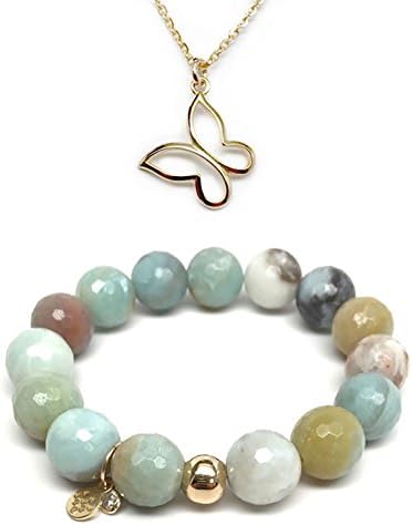 Set 12mm Green Amazonite Lauren 7" S. Bracelet 15mm Butterfly Charm 16" 14k Over Brass Neck