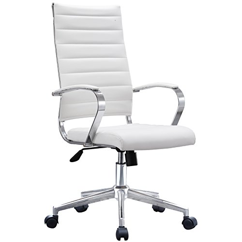 2xhome White - Modern High Back Tall Office Chair Ribbed White PU Leather With Cushion Swivel Tilt Adjustable Chair Designer Boss Executive Management Manager Conference Room Work Task Computer