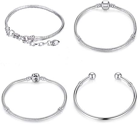 yti 4 Pcs European Charm Bracelet for Women and Girls Bead Charms, Stainless Steel Snake Chain, Barrel Clasp Lobster Claw Clasp for Women