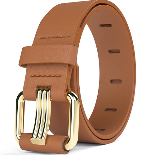 Womens Brown Vegan Leather Belt with Gold Buckle - Casual  display picture 2