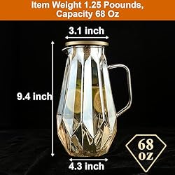 Glass Pitcher,60 oz/1.8 Liter Water Pitcher With