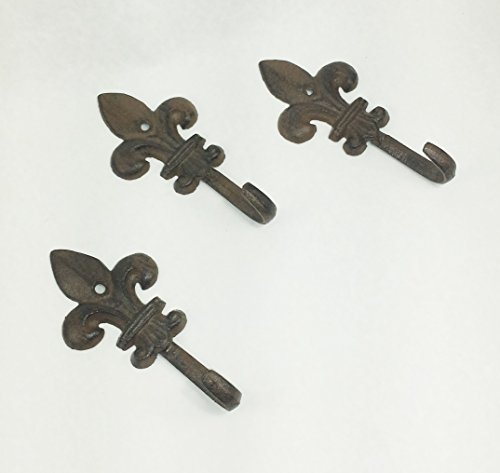 Aunt Chris' Products - Lot/Set of 6 - Cast Iron - Fluer De Lis Single Hook - Wall Hung - Old Rustic Color Finish - Use Indoor Or Outdoor