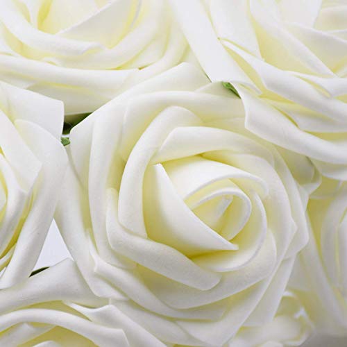 Higfra Artificial Flowers Cream Roses Real Looking Fake Roses w/Stem for DIY Wedding Bouquets Centerpieces Arrangements Party Baby Shower Home Decorations - Cream - Thumbnail 3
