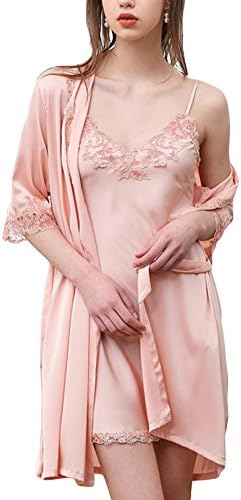 AIKOSHA Womens Trim Strappy Lace Silky Satin Night Dress &amp; Dressing Gown 2 Piece Nightie Set
