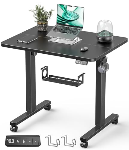 Höhenverstellbarer Schreibtisch 80 x 60 cm, Schreibtisch Höhenverstellbar Elektrisch für Home & Office, 2-teilige Tischplatte, Schwarz